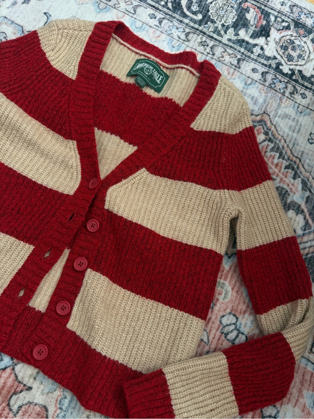 American Eagle Outfitters Red and Cream Striped Button-Front Cardigan